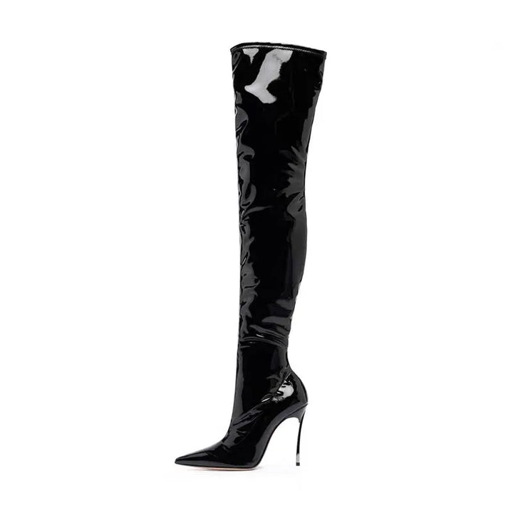 Black shiny patent leather knee-high high heel boots, pointed toe.