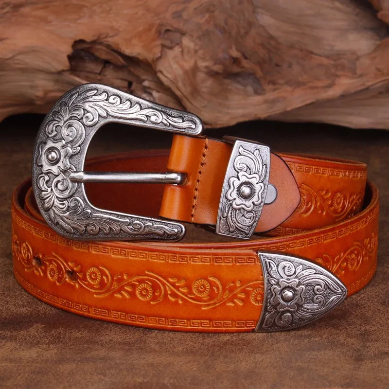 Punk Embossed Western Cowboy Leather Belt