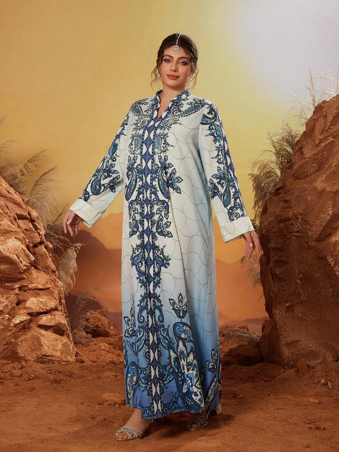 Decorative Stand-up Collar Abaya Dress