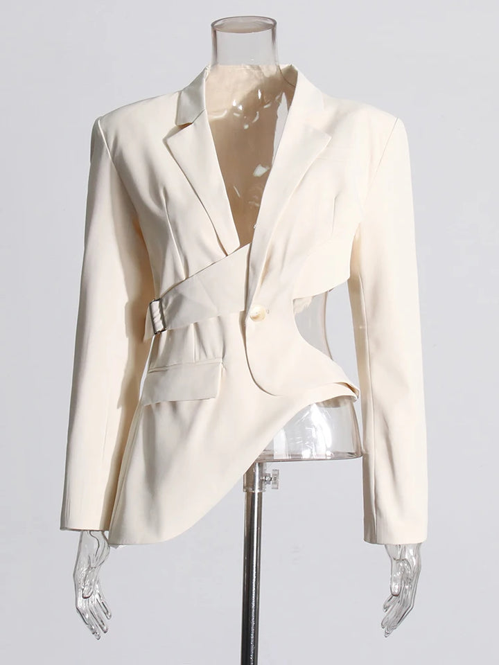 Light beige slim blazer with notched lapels, single button front, flap pockets