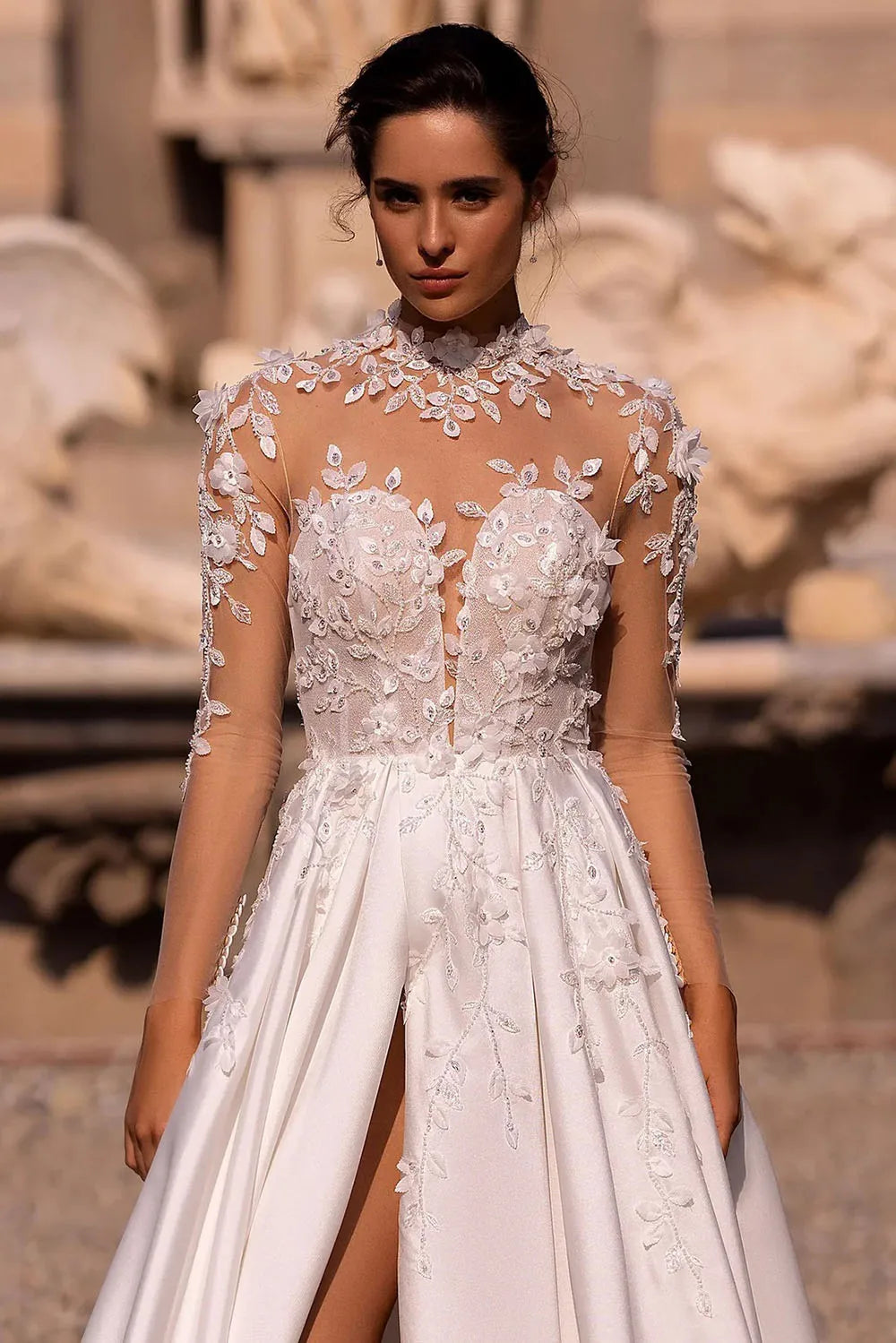 Luxury High-Neck Lace Illusion Bridal Gown
