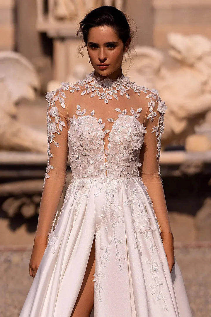 Luxury High-Neck Lace Illusion Bridal Gown