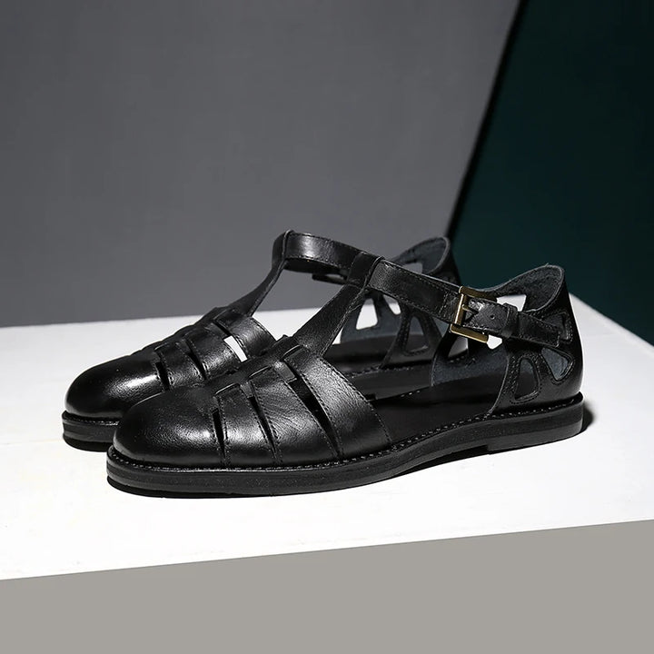 Round-toe Oil Slick Leather Sandals