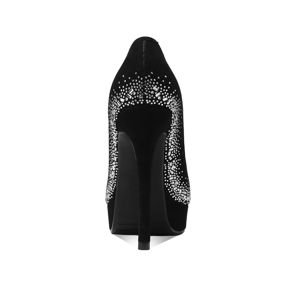 Black suede crystal-embellished high heel pumps, rear view with tapered heel