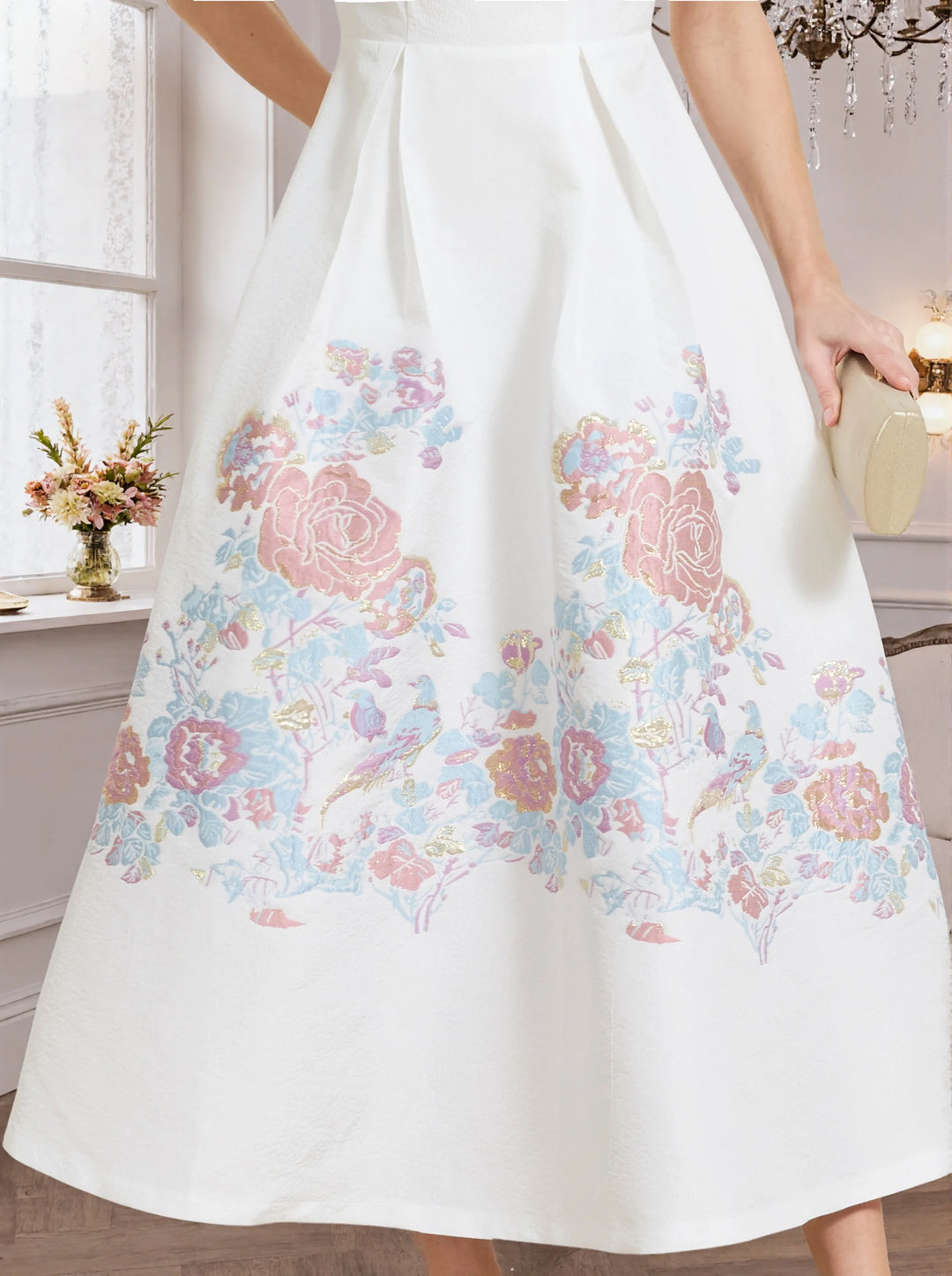 White A-line prom dress skirt with pastel floral jacquard print and flare
