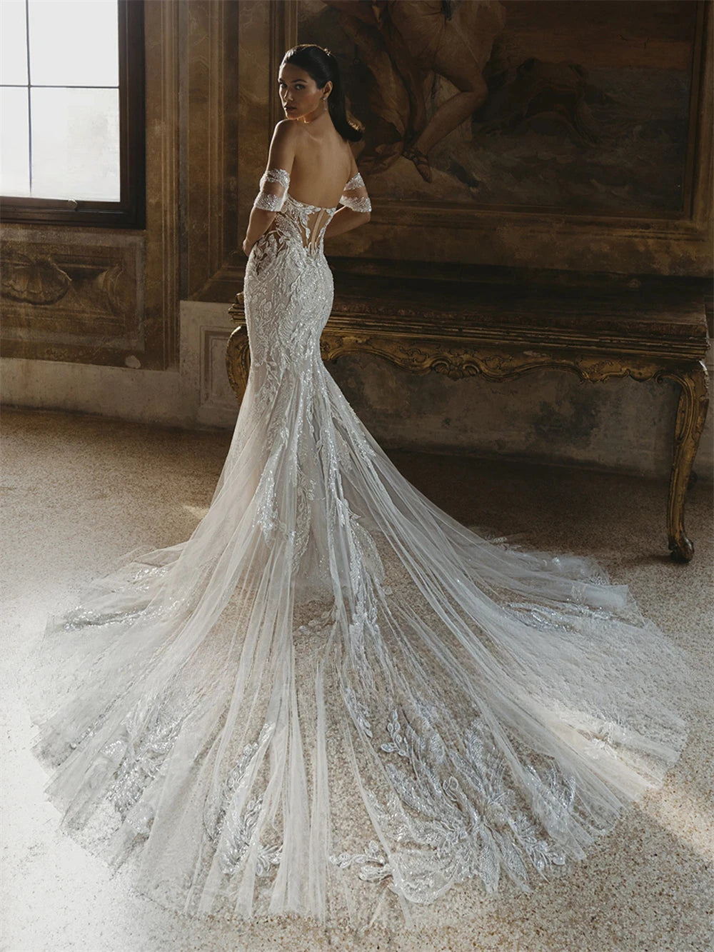 Delicate Floral Sequins Wedding Dress
