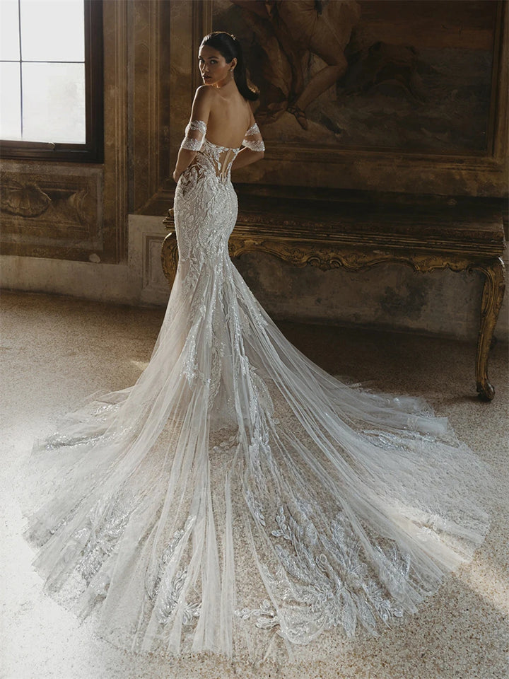 Delicate Floral Sequins Wedding Dress