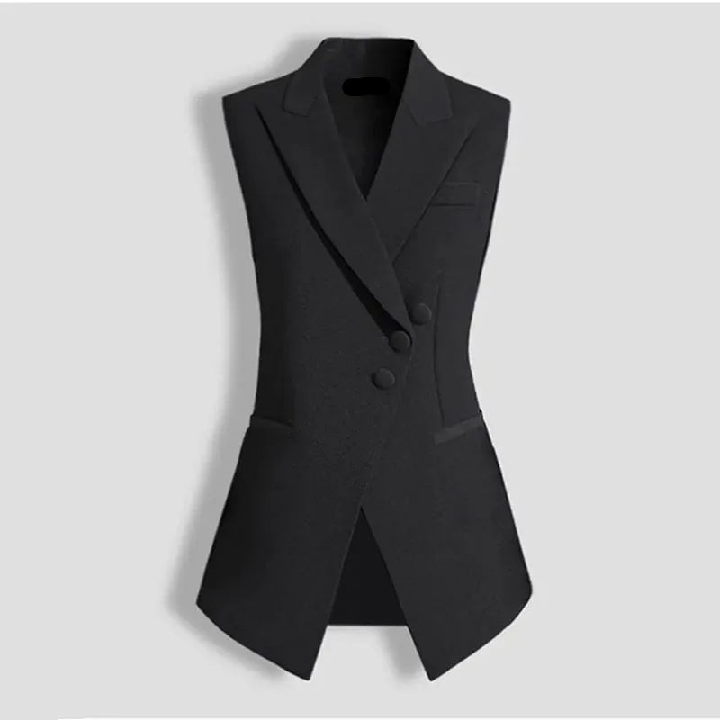 Black sleeveless tailored waistcoat with notch lapels and two-button front