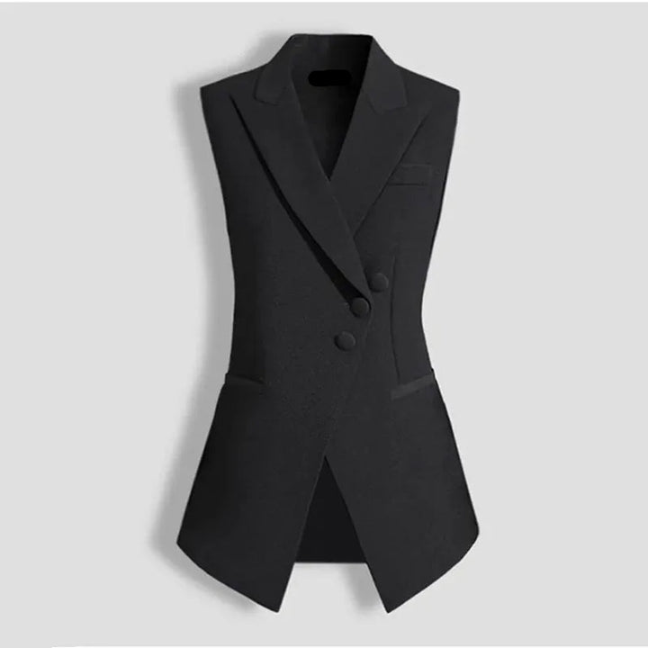 Black sleeveless tailored waistcoat with notch lapels and two-button front