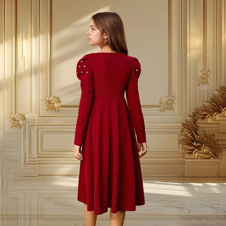 Pearl-Embellished Puff Sleeve Party Dress