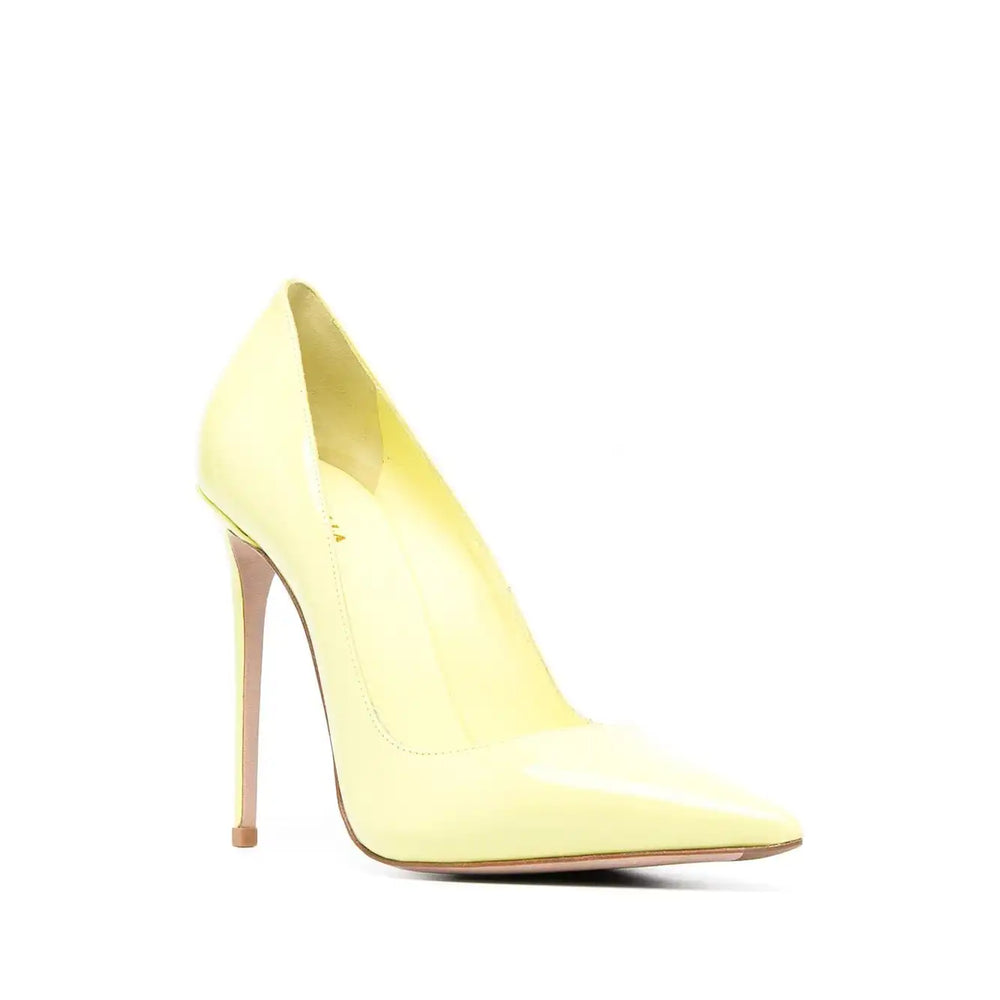Patent leather high heel pump, pale yellow, pointed toe, slim stiletto heel