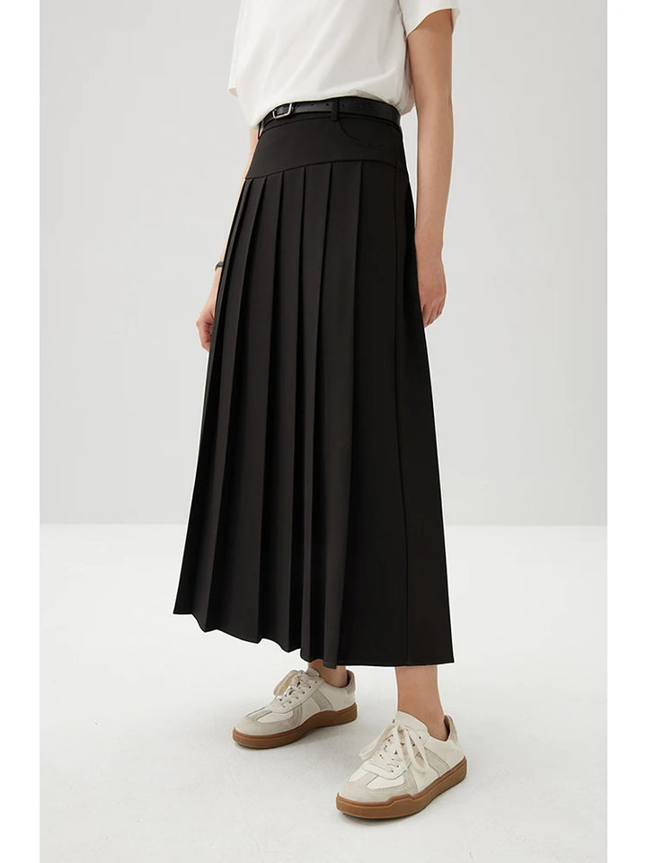 High Waist Slim Pleated Long Skirt