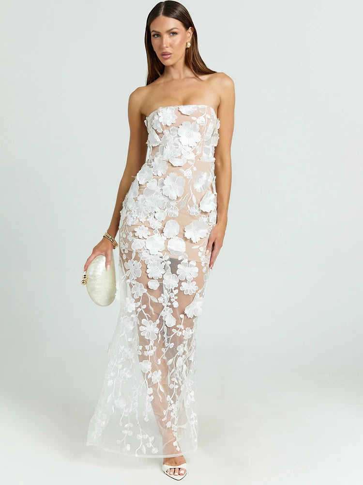 Strapless white 3D floral lace gown with sheer floor-length skirt