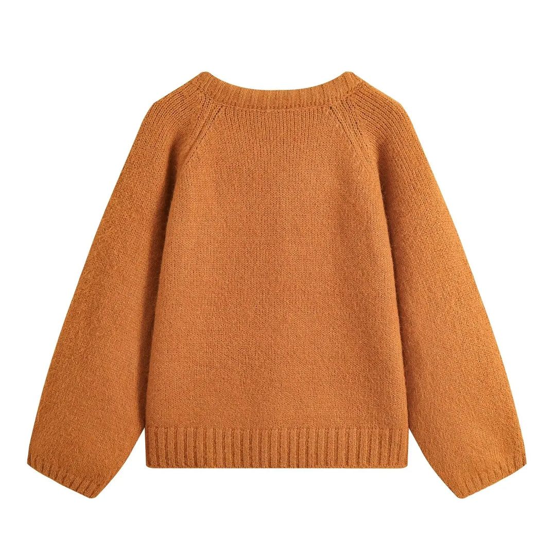 Orange cropped knit cardigan for women, relaxed fit, ribbed cuffs and hem