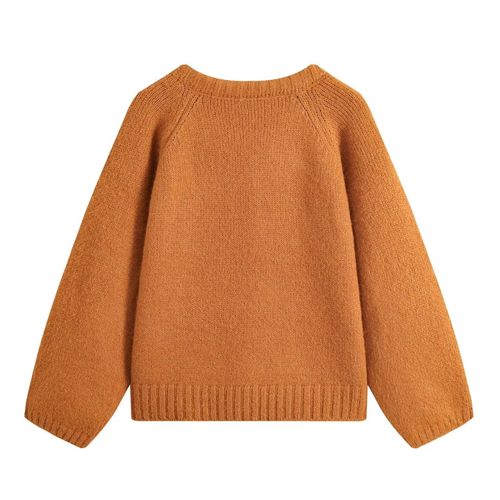 Orange cropped knit cardigan for women, relaxed fit, ribbed cuffs and hem