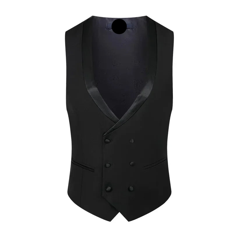 Black vest with a brand label on a white background