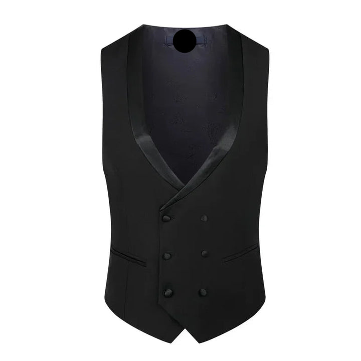 Black vest with a brand label on a white background