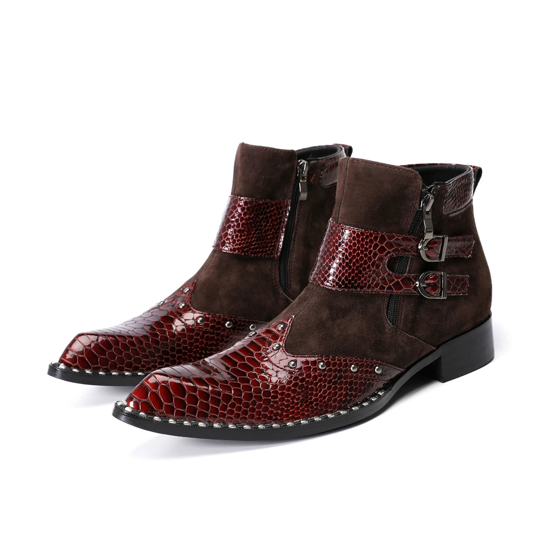 Men's brown pointed-toe ankle boots with side buckles and red textured uppers