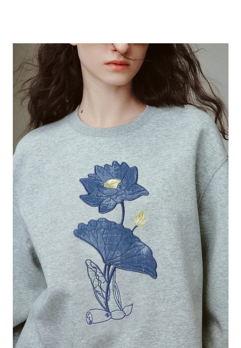 Lotus Embroidered Round Neck Sweatshirt