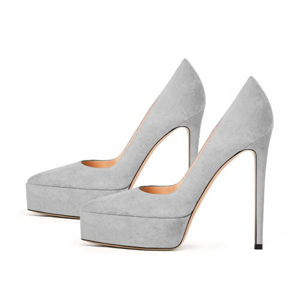 Grey faux suede high heel pumps with platform sole and slim stiletto heels, pair