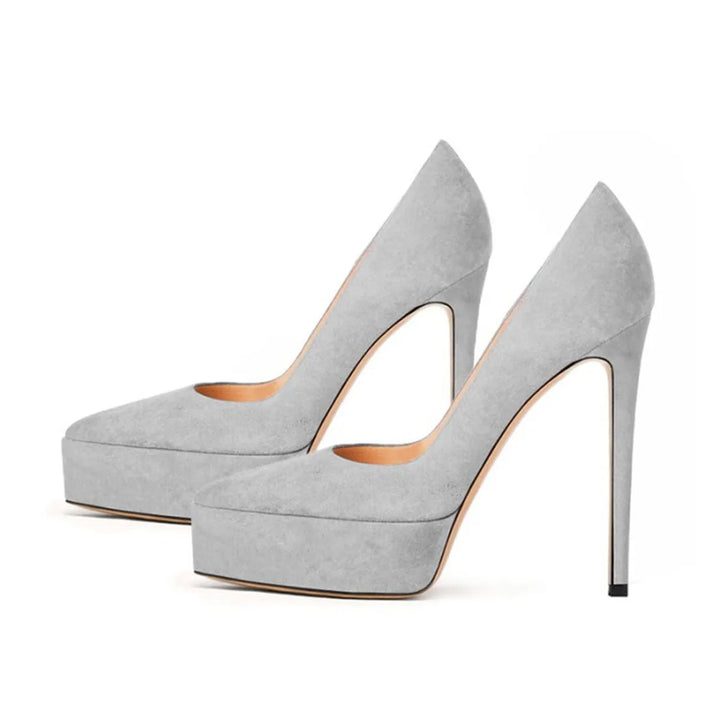 Grey faux suede high heel pumps with platform sole and slim stiletto heels, pair