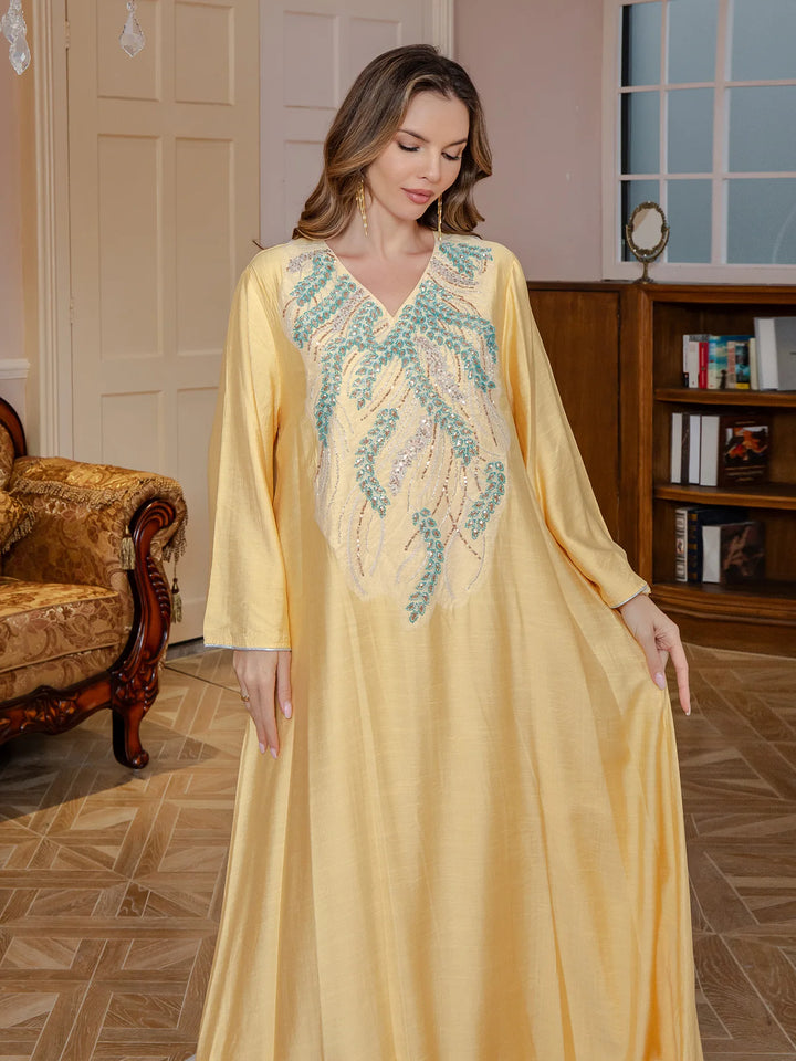 Elegant V-Neck Embroidered Abaya Dress