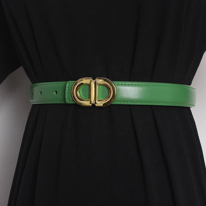 Green narrow leather waist belt with gold-tone double D buckle and punched holes