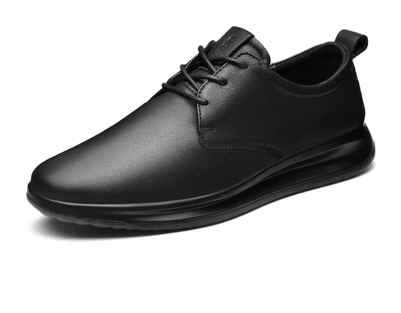 Men's black genuine leather casual sneaker, lace-up with low-profile rubber sole