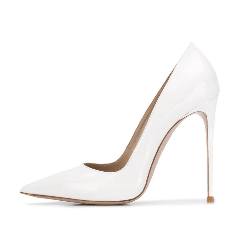 White patent leather women’s high heel pumps with pointed toe and stiletto heel