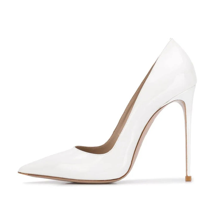 White patent leather women’s high heel pumps with pointed toe and stiletto heel