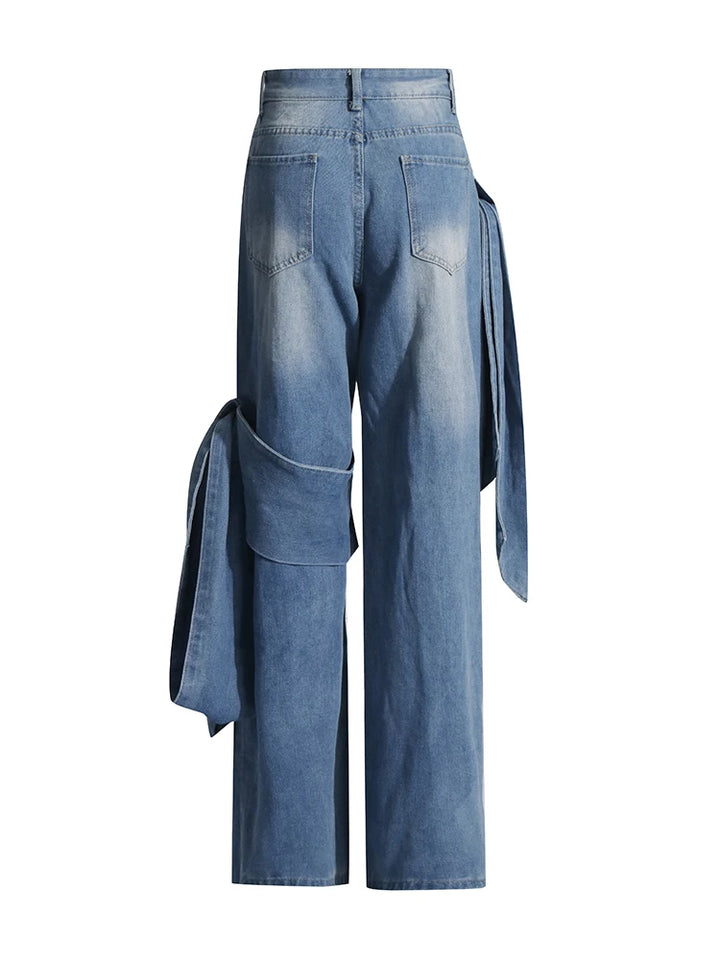 Spliced Pockets Loose Straight Denim Pants