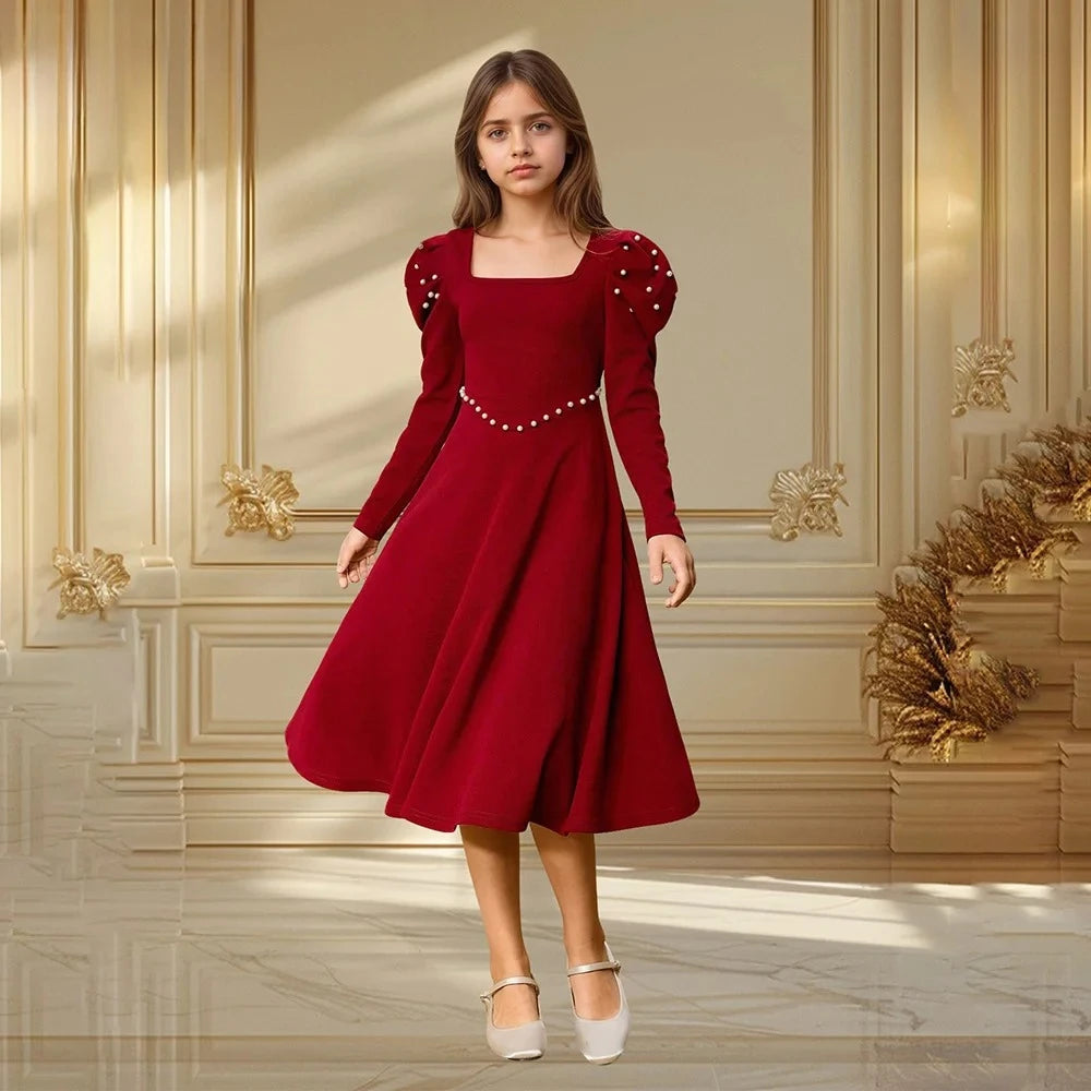 Pearl-Embellished Puff Sleeve Party Dress
