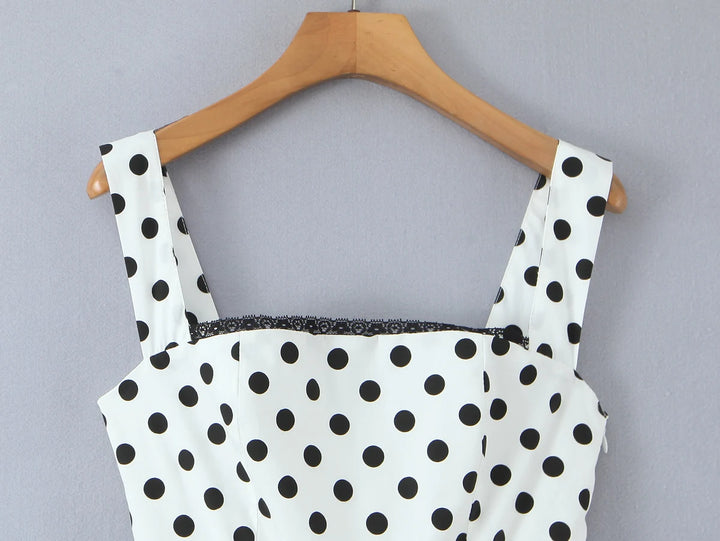 White polka-dot midi dress bodice with square neckline and lace-trim edging