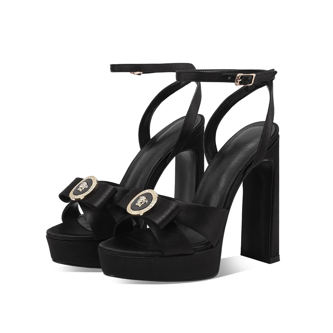 Black satin platform sandals with round toe, T-strap and ankle buckle, chunky high block heel