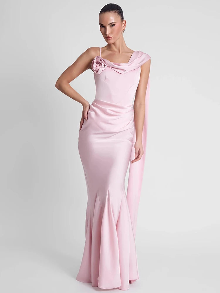 Women’s satin party maxi dress in blush pink, cap-sleeve draped neckline, bodycon fit