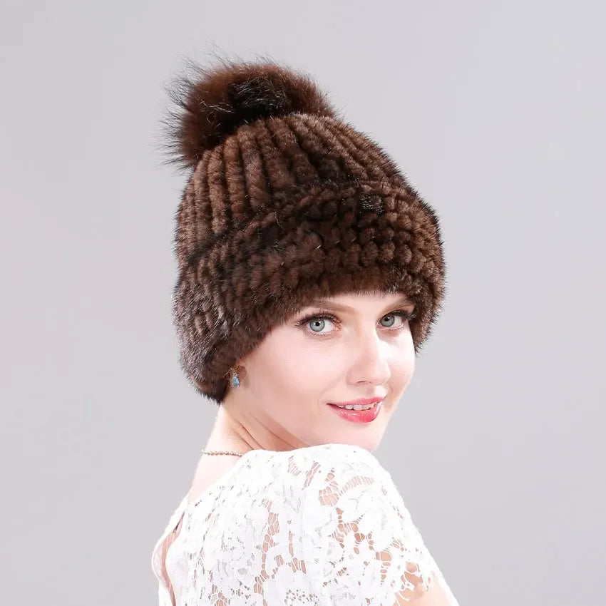 Luxury Fur Pompom Knitted Beanie Cap