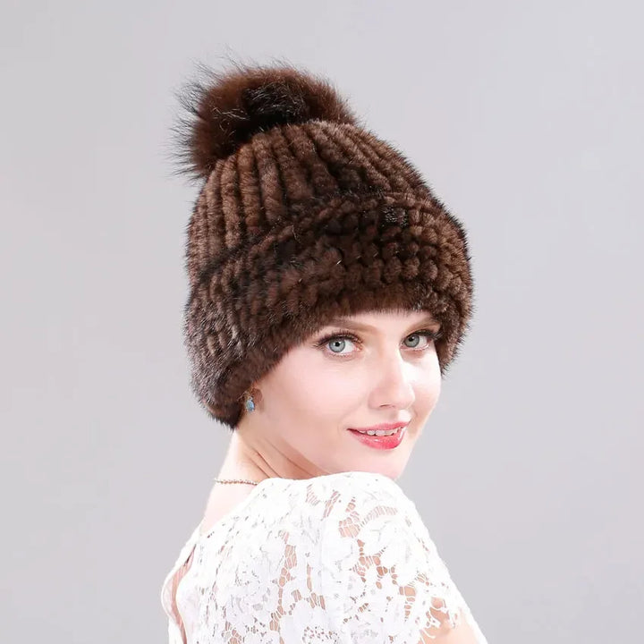 Luxury Fur Pompom Knitted Beanie Cap