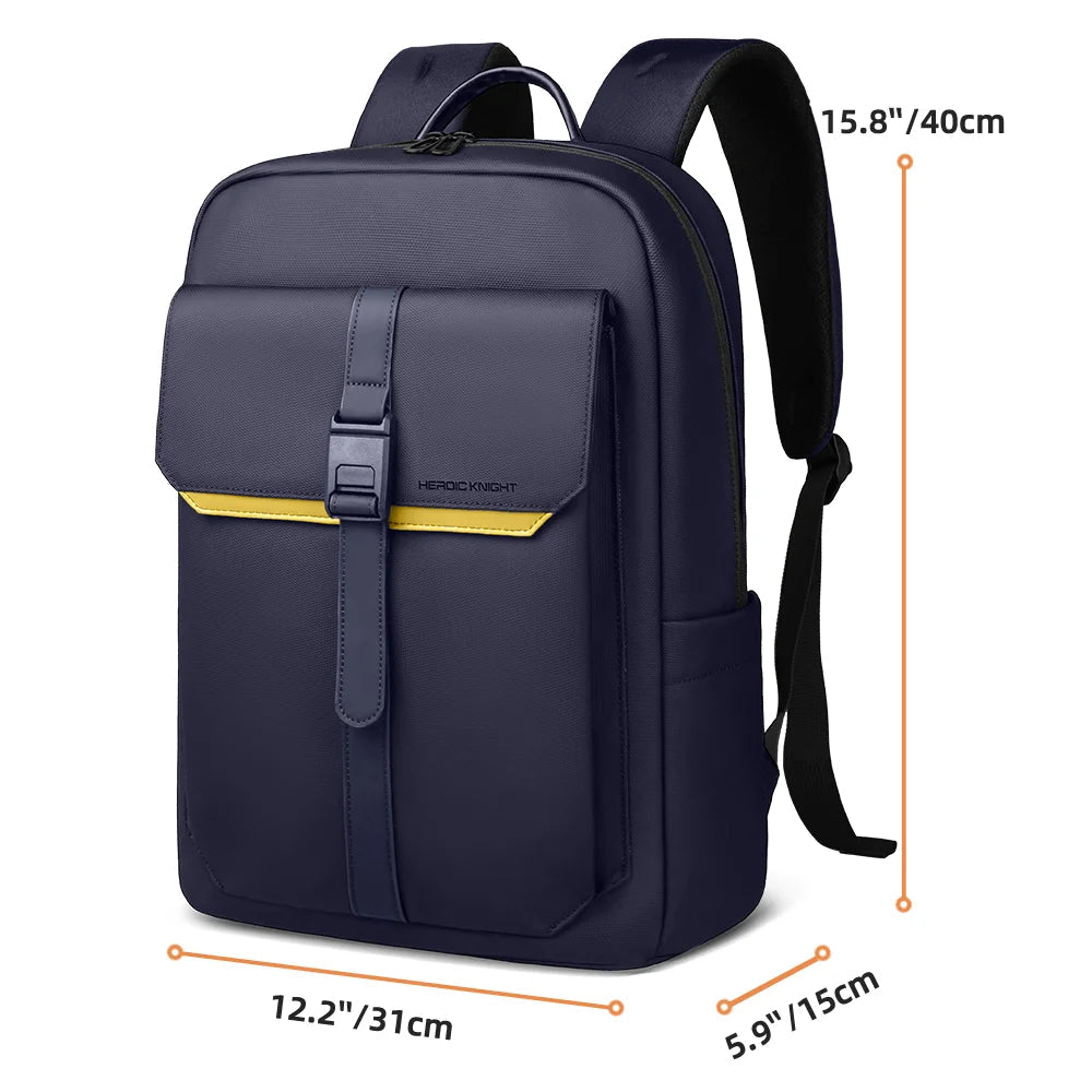 Blue waterproof laptop backpack with front flap and yellow stripe across the pocket