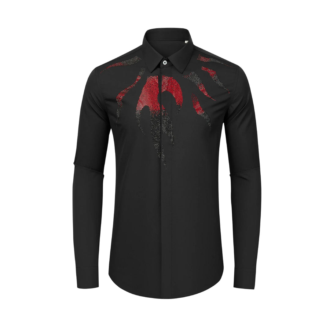 Black men’s slim-fit button-up shirt with red and silver rhinestone front graphic