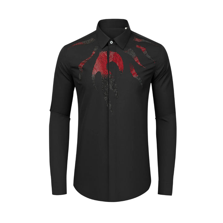 Black men’s slim-fit button-up shirt with red and silver rhinestone front graphic
