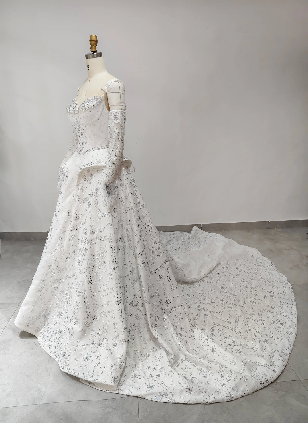 Sleek Beaded Tiered Chapel Train Bridal Couture