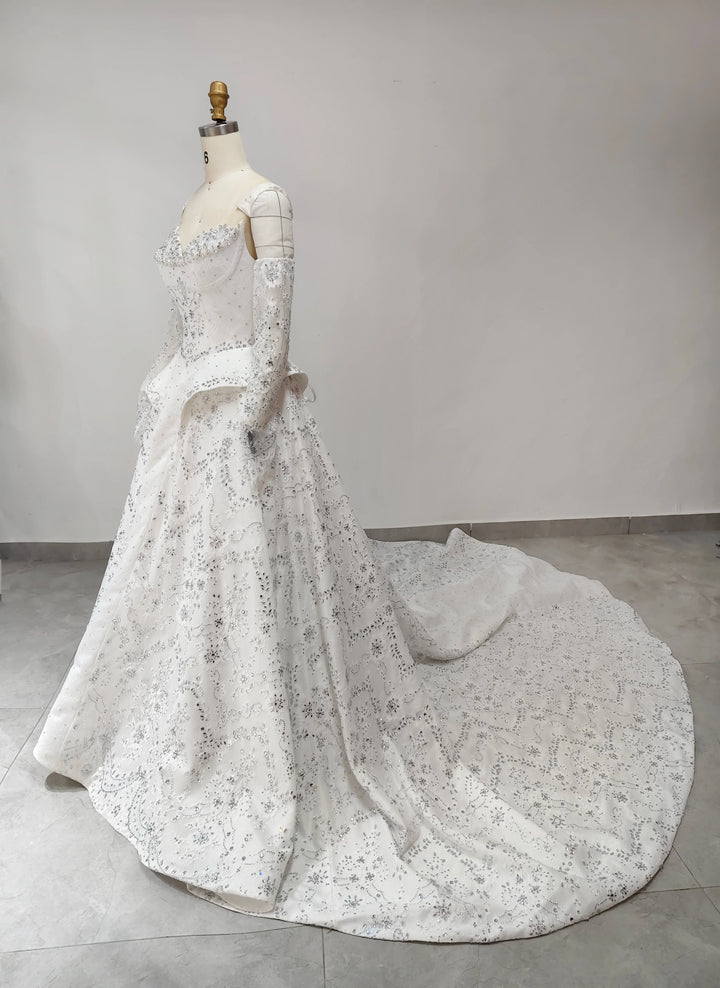 Sleek Beaded Tiered Chapel Train Bridal Couture