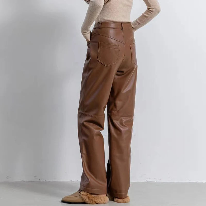 Brown leather straight-leg pants with back yoke and flap pockets