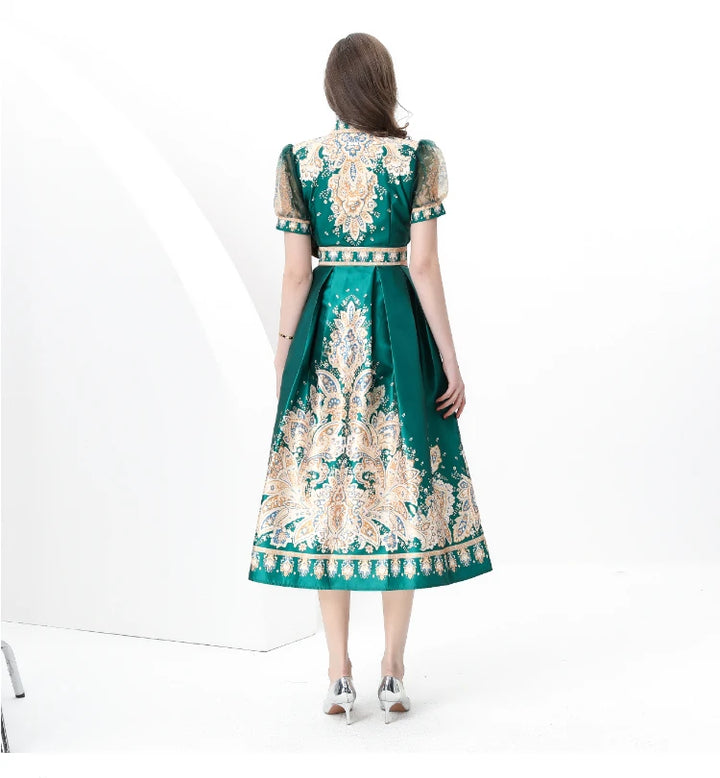 Puff Sleeve Sashes Lace-up Printed Dress