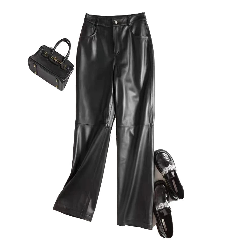 Black leather straight-leg pants with front zipper, side pockets, wide flare hem
