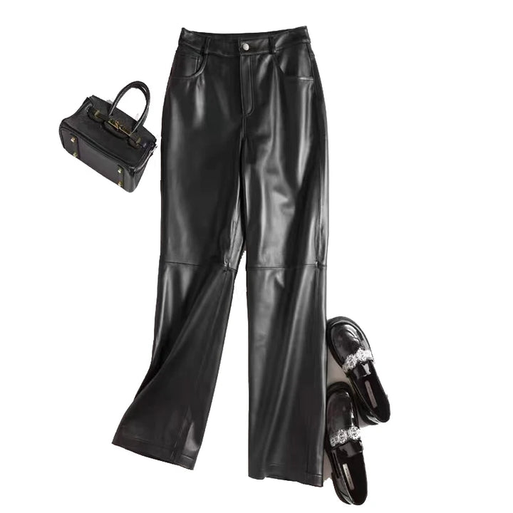 Black leather straight-leg pants with front zipper, side pockets, wide flare hem