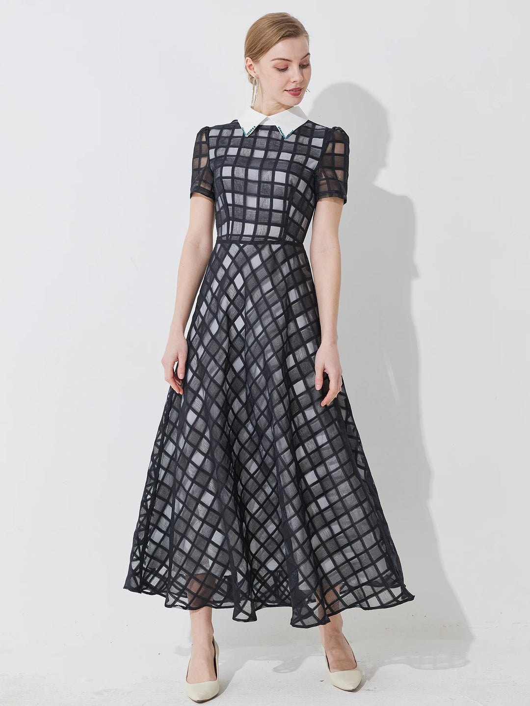 Lovely Checkered net-sheer Fitted Dress