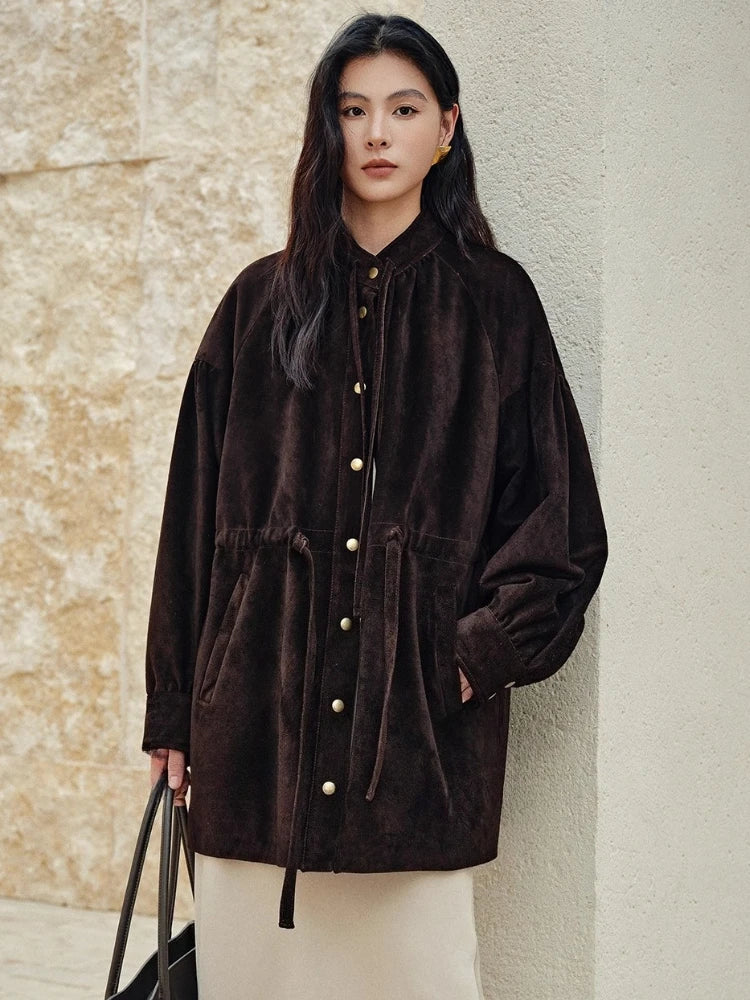 Mid-length hooded jacket in dark brown leather with gold snap buttons and front pockets