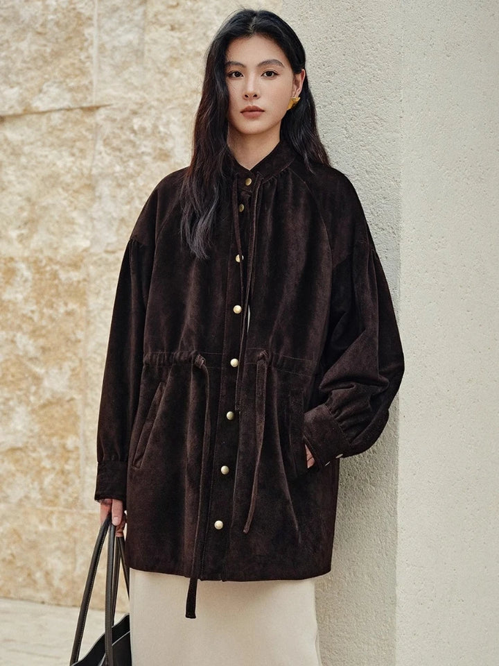 Mid-length hooded jacket in dark brown leather with gold snap buttons and front pockets