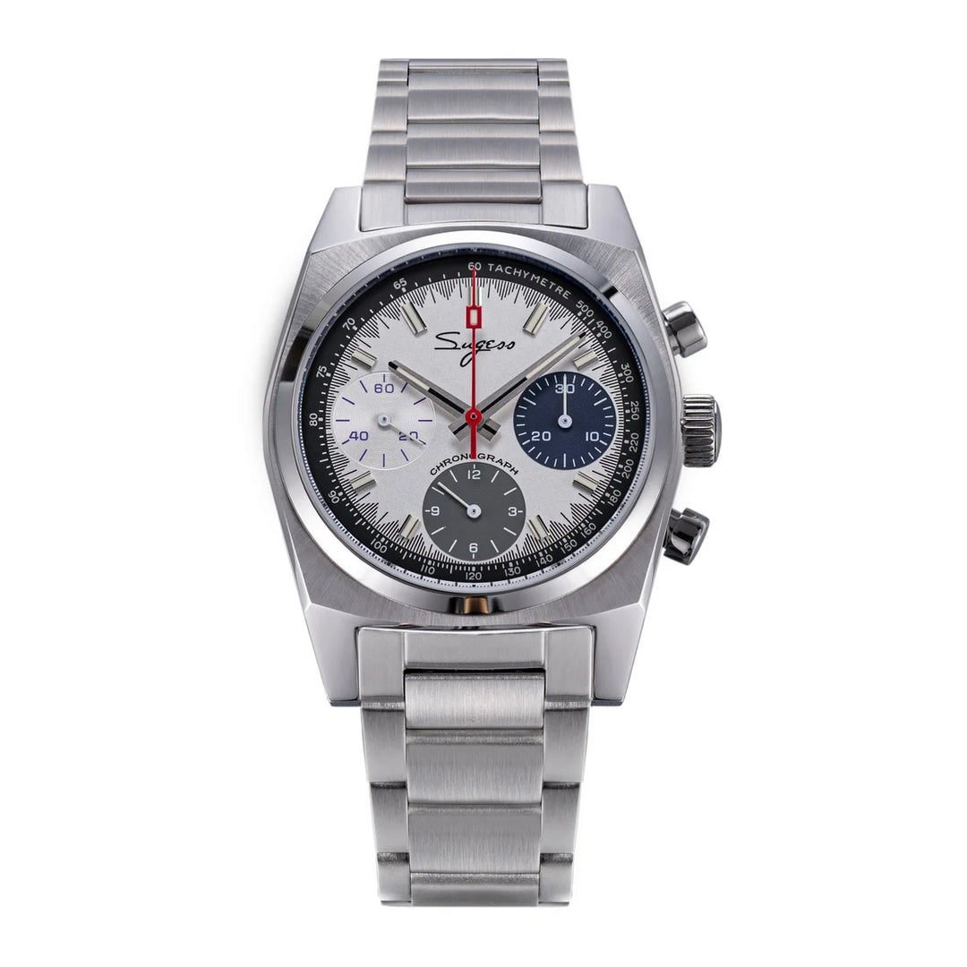 Silver chronograph watch with light dial and dark subdials, metal bracelet